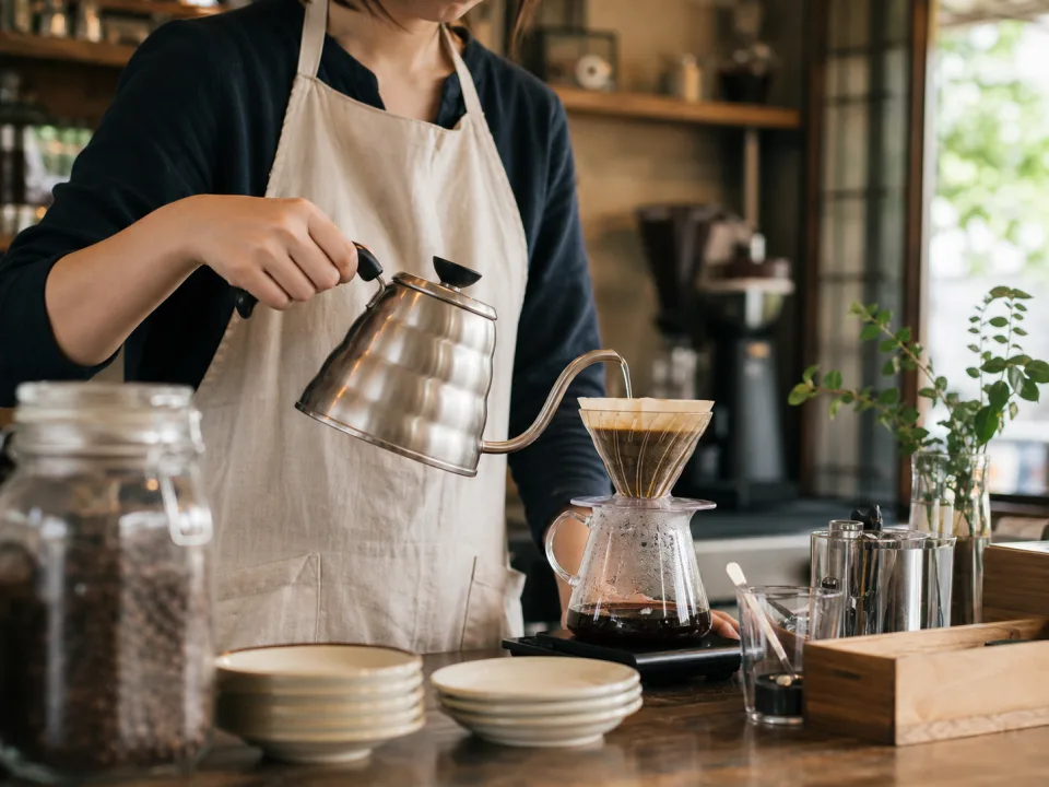 スタッフがコーヒーを淹れる作業風景の例