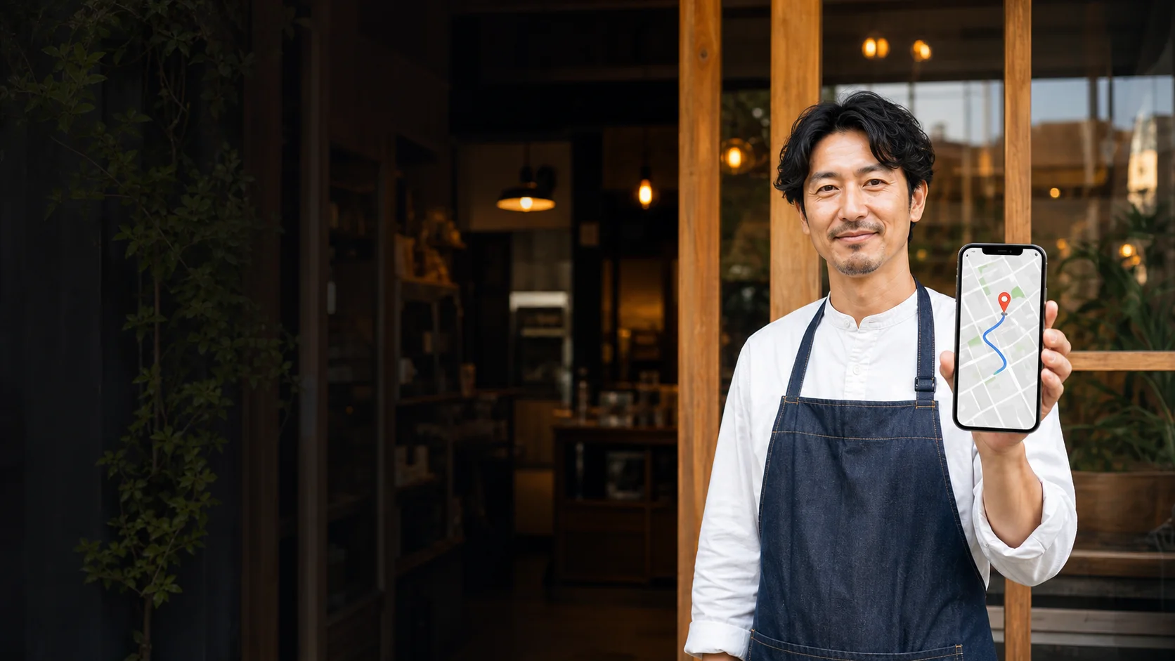 店舗前でスマートフォンの地図を確認する店主